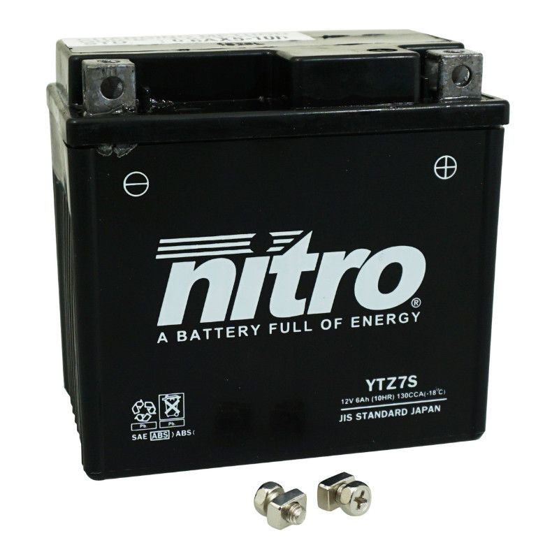 BATTERIE NTZ7S NITRO SLA PRETE A L EMPLOI BATTERIE 12V 6 Ah NTZ7S NITRO SLA SANS ENTRETIEN PRETE A L`EMPLOI (Lg113xL70xH105mm) (EQUIVALENT YTZ7S / BTZ7S / FTZ7S / CTZ7S / 7S / ESTZ7S) origine  YTX7L