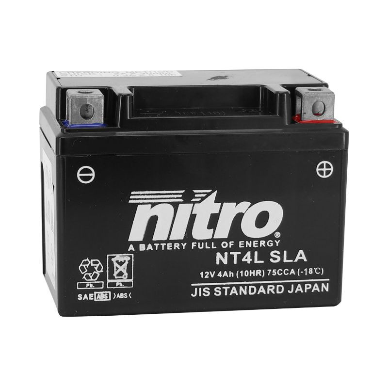 BATTERIE NT4L NITRO SLA PRETE A L EMPLOI BATTERIE 12V 4 Ah NT4L NITRO SLA SANS ENTRETIEN PRETE A L`EMPLOI (Lg120xL71xH91mm) (EQUIVALENT YTC4L-BS) origine  -DISPO