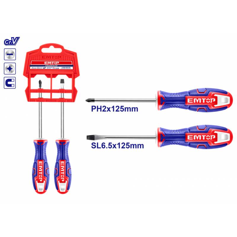 KIT 2 TOURNEVIS Cr-V EMTOP (SL6.5x6x125 - PH2x6x125) KIT 2 TOURNEVIS Cr-V EMTOP (SL6.5x6x125 - PH2x6x125) origine BETA -DISPO