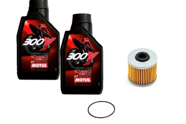 KIT VIDANGE DOWNTOWN/DTX KYMCO : HUILE MOTUL 300V 4T 10W-40 (2L), FILTRE HF-566 ET JOINT TORIQUE