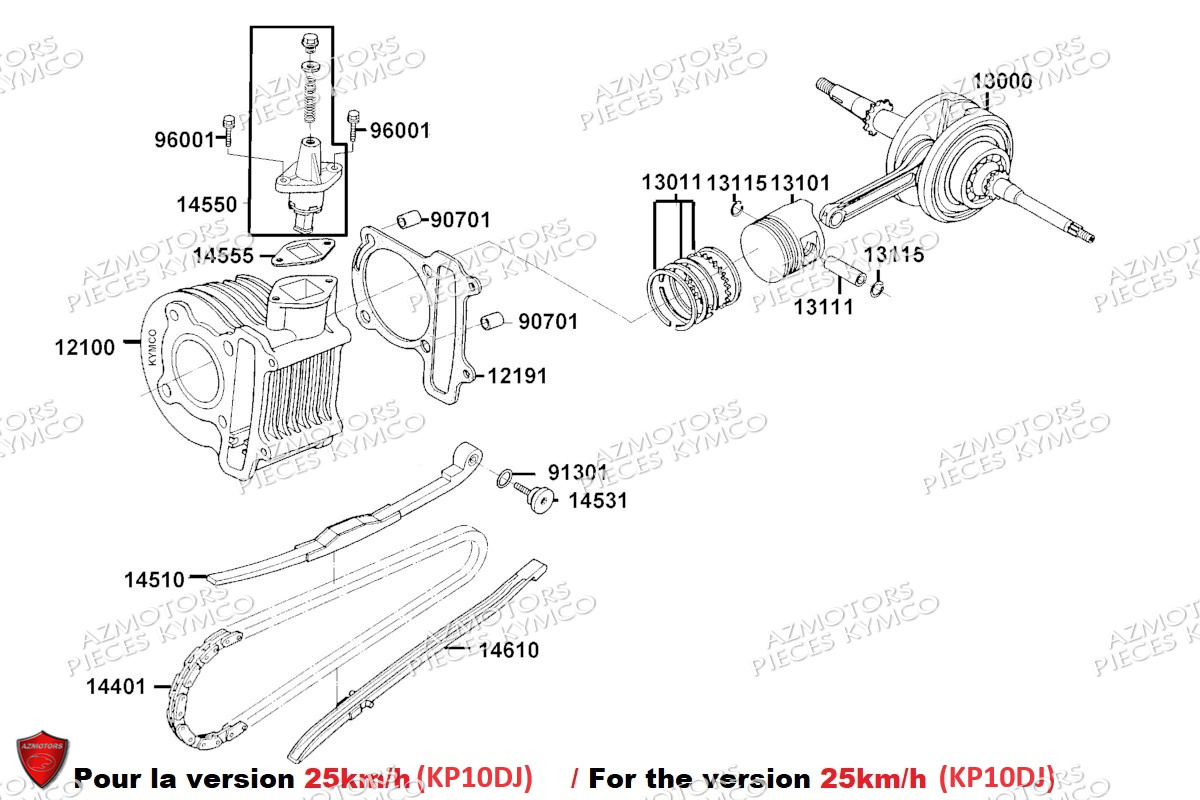 Cylindre Piston 25km KYMCO Pieces AGILITY 50 16+ EURO5 (KP10DH/KP10DJ)