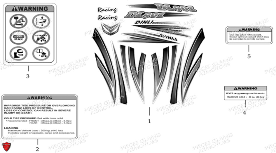 Autocollants DINLI Pièces Quad DL901 Avant 2007