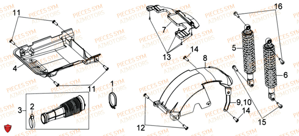 Amortisseurs Carenage Inferieur SYM Pièces JOYRIDE S 125I - F12W2-EU (2017-2019)